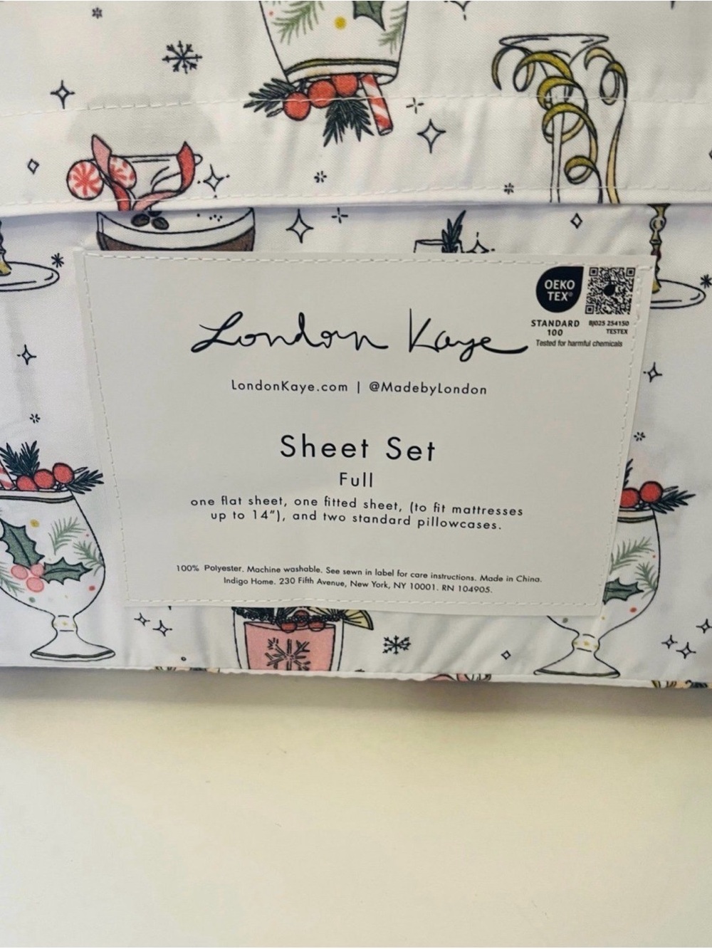 London Kaye Full Size White Sheet Set Deck the Cocktails Candy Cane Peppermint - Picture 9 of 12